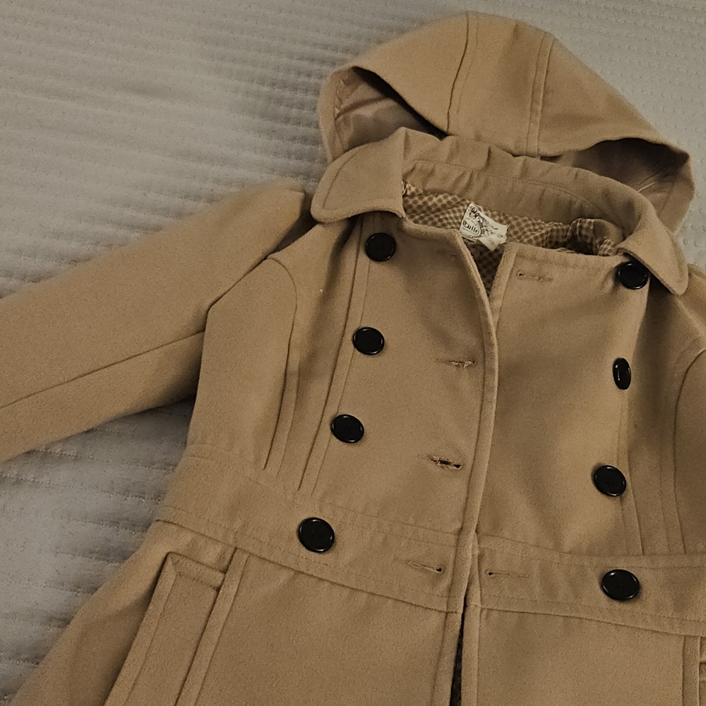 Tulle Tan Pea Coat with Hood and Belt